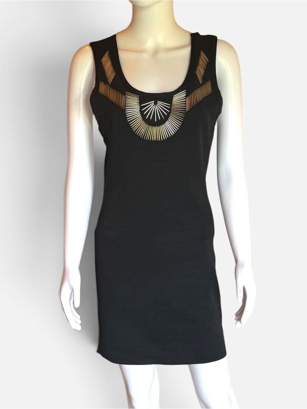 Black Sleeveless Sheath Dress with Gold Accent